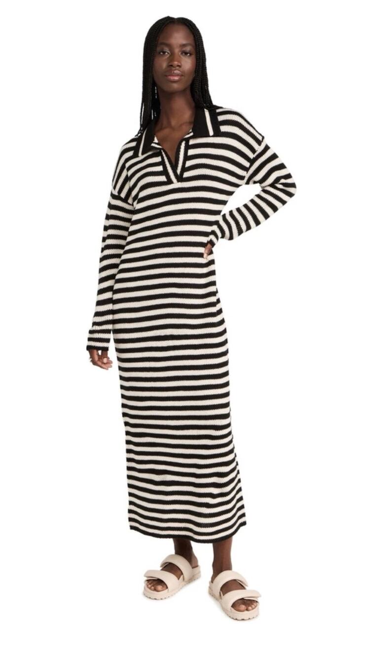 NWT 525 Black Stripe Knit Polo Maxi Sweater Dress Quiet Luxury Old Money Large